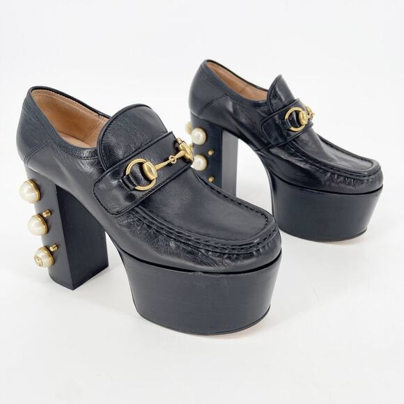 Gucci Black Vegas Horsebit Pearl Studded Platform Loafer Block Heel Pump EU 36.5 - Picture 2 of 13
